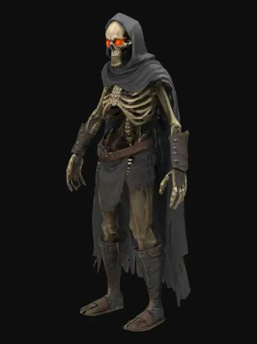 3D model for Skeleton Rogue creature in the style of classic EverQuest — gaunt humanoid figure with dirty bones, torn medieval-style armor, glowing eyes, and long fingers. Wears rugged and torn dark leather armor. Styled with low-fantasy realism and gritty textures, ideal for a dark MMORPG world. Standing idle.
