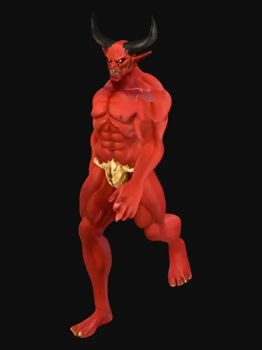 3D model for 3D model FBX of a muscular red demon with black horns and golden contorted lower body, full body mesh suitable for Mixamo rigging