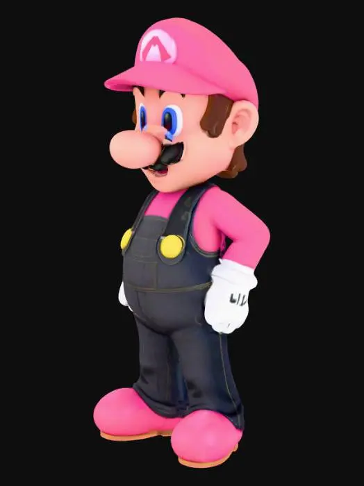3D model for Make a mario with black overalls and pink hat and shirt, his shoes are pink and the hat logo haves a black bg and the icon of Blixer From Just Shapes And Beats