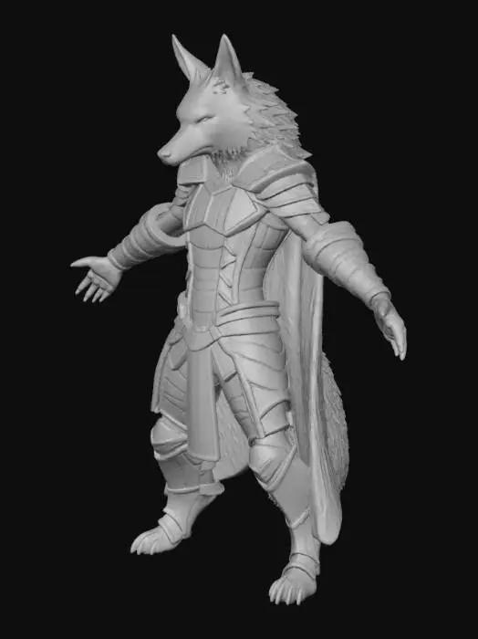 3D model for An anthro furry white wolf who got a scratch hurt in his left eye, haves black hair, red eye in the left and blue eye in the right, mostly haves a tail wih a cyan spot at the end, haves black pants and shoes, dark gray armor with brown sleeves. Male