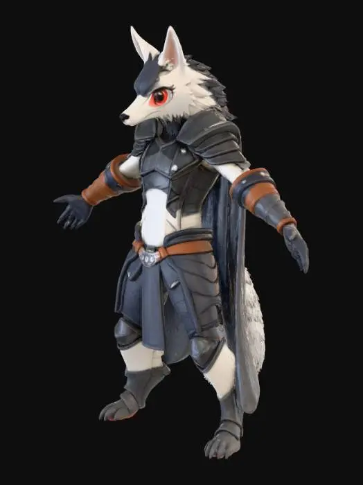3D model for An anthro furry white wolf who got a scratch hurt in his left eye, haves black hair, red eye in the left and blue eye in the right, mostly haves a tail wih a cyan spot at the end, haves black pants and shoes, dark gray armor with brown sleeves. Male
