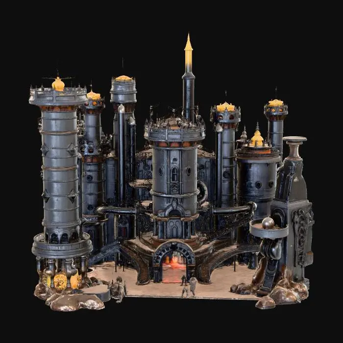 3D model for Environnement : Forteresse Goblin – Spawn principal de World of Goblins

Créer une forteresse gobline massive dans un univers fantasy industriel.
Architecture : mélange de forteresse médiévale et steampunk, tours cylindriques en métal, tuyaux géants, engrenages visibles, cheminées crachant de la fumée.

Éléments clés obligatoires :

Grande forge centrale avec lingots en fusion

Chariots de mine sur rails

Entrée de mine monumentale creusée dans la roche

Torches, braseros, lave, étincelles

Ambiance : feu, fumée, métal brûlant, vapeur, étincelles, atmosphère de production industrielle constante.

Style : Goblin industriel, sale mais stylé, inspiré de World of Warcraft, Arcane, steampunk fantasy.

Échelle : immense, vue grand angle, forteresse visible de loin.

Rendu : concept art cinématiq