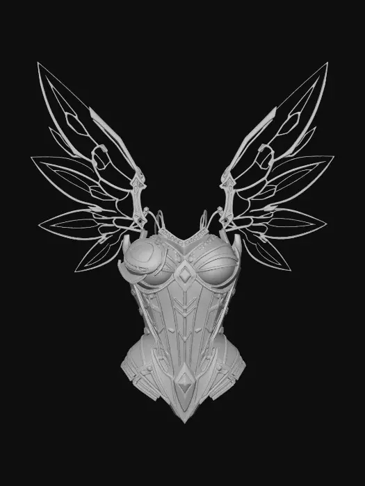 3D model for 提示词： 一件3D打印的时尚装置胸衣，白底素材风格，纯白背景。设计灵感源于机械天使，羽翼并非写实羽毛，而是由无数片金属几何叶片层叠拼接而成，呈现出半透明的镂空效果。材质为高反光的液态金属铬，表面有细腻的拉丝纹理。光影锐利，清晰展现复杂的打印细节和结构，视觉上兼具力量感与超现实美感。