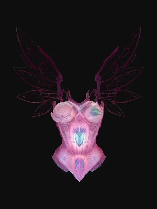 3D model for 提示词： 一件3D打印的时尚装置胸衣，白底素材风格，纯白背景。设计灵感源于机械天使，羽翼并非写实羽毛，而是由无数片金属几何叶片层叠拼接而成，呈现出半透明的镂空效果。材质为高反光的液态金属铬，表面有细腻的拉丝纹理。光影锐利，清晰展现复杂的打印细节和结构，视觉上兼具力量感与超现实美感。