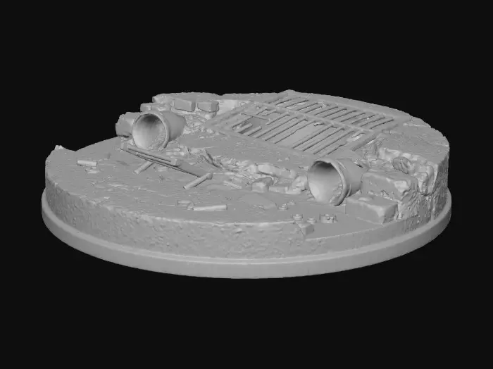 3D model for Create a miniature base,  similar  to the one below, but ensure that you have pieces of scenery that looks like it came from a sewer, and make sure that the base is not the same. It could be similar, but not the same. Period