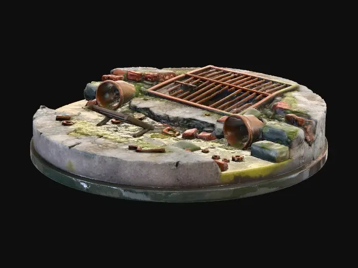 3D model for Create a miniature base,  similar  to the one below, but ensure that you have pieces of scenery that looks like it came from a sewer, and make sure that the base is not the same. It could be similar, but not the same. Period