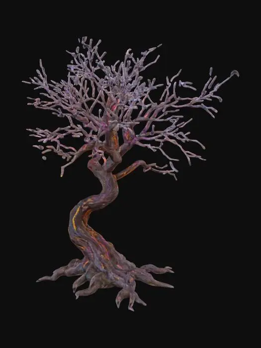 3D model for Enchanted Forest tree, no leaves, glowing coloured veins running through the trunk