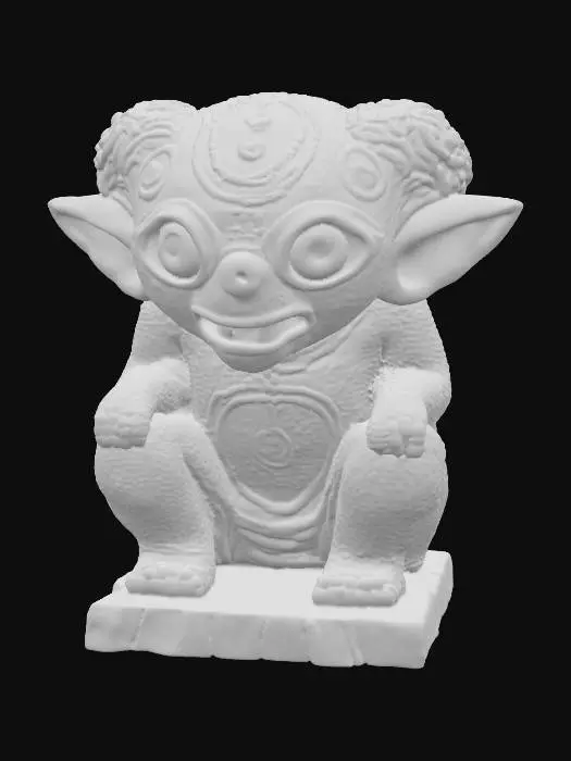 3D model for A small ancient, solid, sturdy, simple, primitive squatting idol. Prehistoric archeology artifact. An sinister inhuman demonic lovecraftian eldritch god. Base covered in ancient symbols. Carved from old, weathered dark stone. Primitive low detail solid sturdy hand carved babylonian deity idol.