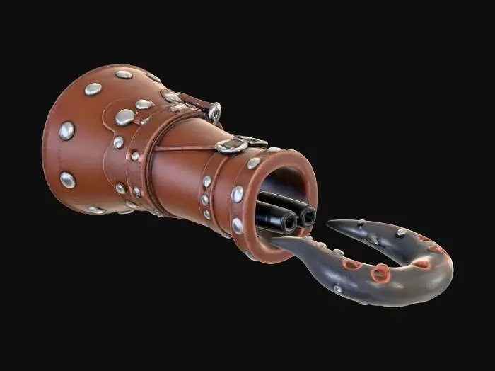 3D model for Im wanting a Grappling Hook, it has to be attached via Wrist... The Hook has to be weathered and metal, looking sturdy enough to pierce Wood and Concreate structures and be able to pull a human up... Think Just Cause/Dying light, the attachment at the wrist has to look like a gauntlet, think leather with buckles and metal accents (Metal has to look like highly durable steel)