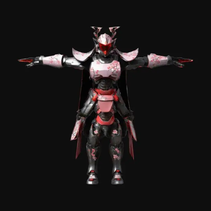 3D model for #hard surface# Cyber Samurai Power Armor, feudal-Japan inspired plating, cherry-blossom etched pauldrons, retractable energy katana, neon-red visor, T-pose, Warframe-style sleek angles, matte black titanium alloy, hydraulic izaakim leg springs, photorealism