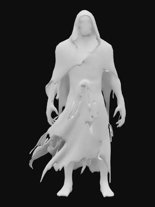 3D model for fantasy floating wraith, body is wrapped in a cloth robe that flutter all around, long arms with claws stretched out in front of him, in attack, extremely details, high resolution texture, epic stance
