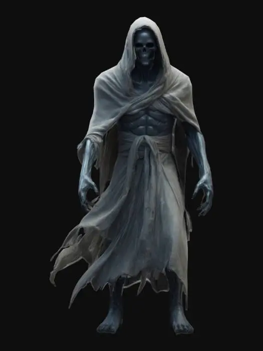 3D model for fantasy floating wraith, body is wrapped in a cloth robe that flutter all around, long arms with claws stretched out in front of him, in attack, extremely details, high resolution texture, epic stance