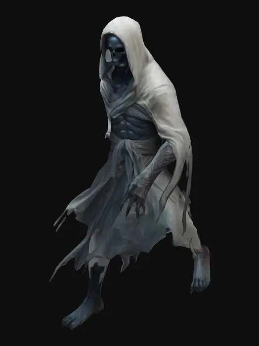 3D model for fantasy floating wraith, body is wrapped in a cloth robe that flutter all around, long arms with claws stretched out in front of him, in attack, extremely details, high resolution texture, epic stance