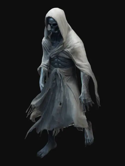 3D model for fantasy floating wraith, body is wrapped in a cloth robe that flutter all around, long arms with claws stretched out in front of him, in attack, extremely details, high resolution texture, epic stance