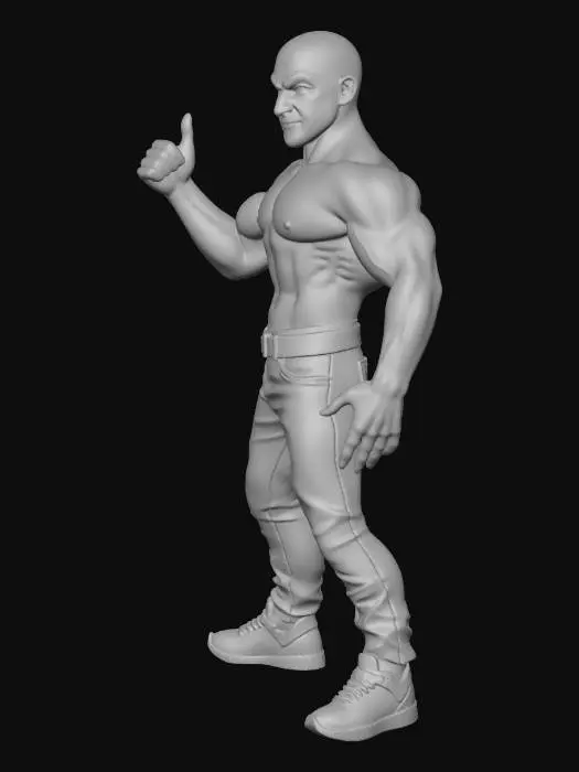 3D model for big buff man as an anime character  standing in perfect pose having both his arms straight outwards like a T pose or a pose  sort of like that. bald head no hat no upper clothing like a shirt or jacket just a leather belt with a brass buckle and faded blue jeans & some black accent on whitish grey sneakers and thats it