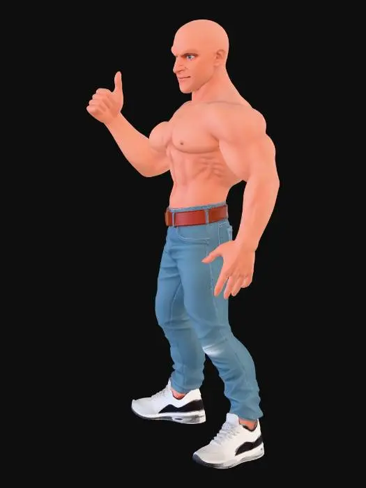 3D model for big buff man as an anime character  standing in perfect pose having both his arms straight outwards like a T pose or a pose  sort of like that. bald head no hat no upper clothing like a shirt or jacket just a leather belt with a brass buckle and faded blue jeans & some black accent on whitish grey sneakers and thats it