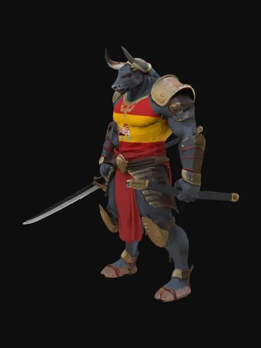 3D model for #AroundTheWorld#, 
humanoid bull  warrior, tshirt with spain flag colors, muscles, big arms muscles, armour, big samurai sword in hand, marks and scratches on the shell, unreal engine 5, highest quality, highest resolution, insane detailed, character design, z-brush, v-ray