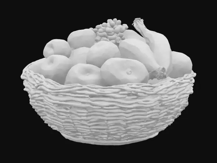 3D model for A round wicker basket filled with different kinds of fruits.