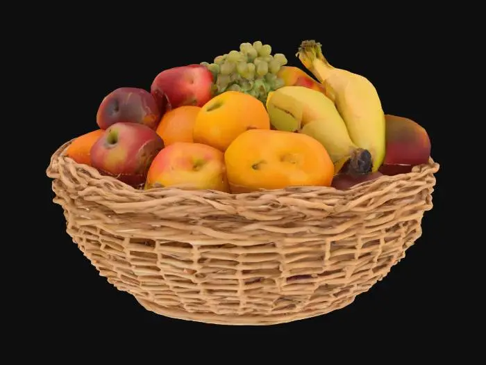 3D model for A round wicker basket filled with different kinds of fruits.