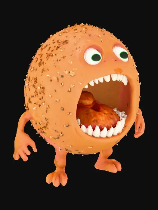 3D model for A highly detailed, ultra-realistic 12k quality 3D model of a spherical meatball character. Its surface is a rich, cooked brown with subtle crispy textures and visible seasoning specks. Two short, sturdy legs extend from its base, giving it a friendly appearance. This contrasts sharply with its surprisingly large, wide-open mouth, revealing numerous razor-sharp, pearly white teeth. The cavernous interior of the mouth is a moist, deep red, creating a horrific yet endearingly unsettling creature.