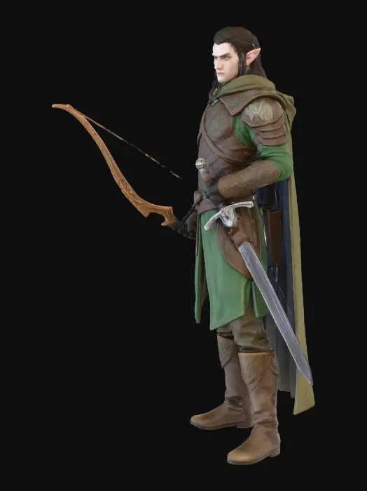 3D model for Create an elf ranger with a longbow in hand and a longsword in a scabbard at the hip.  The elf should be male.