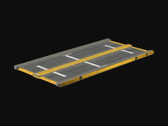 3D model for Create a 3D model of a modern highway section with 4 lanes, asphalt texture, white dashed lane markings, double yellow center lines, and concrete sidewalks on both edges. Include realistic lighting and texturing for the road surface. Set perspective to show the road extending forward with slight upward angle. Use realistic materials for asphalt and concrete textures