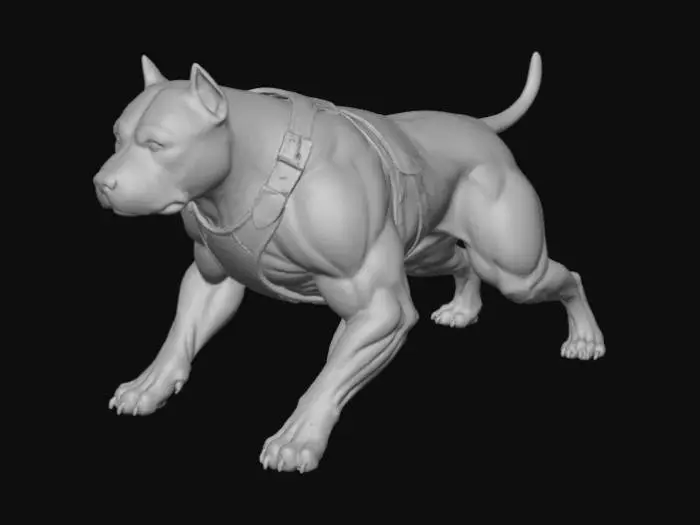 3D model for Toma como referencia al perro. Raza pitbull. Convertilo a estilo anime. Cambia su pose. Aumentar un poco su mosculatura. Manten su color blanco. Nariz negra.
