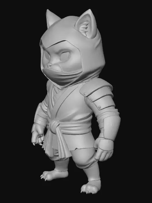 3D model for i need humanoid cat. wearing ninja outfit. make it in a cartoon style. but also that looks comic book anime or manga style. with fur. having el red belt. must show ears. and nose. and eyes. make sure the eyes are cat eyes in a green color.