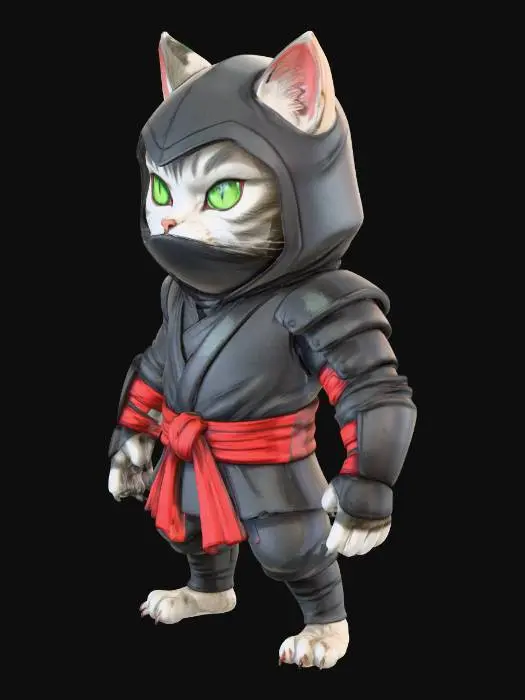 3D model for i need humanoid cat. wearing ninja outfit. make it in a cartoon style. but also that looks comic book anime or manga style. with fur. having el red belt. must show ears. and nose. and eyes. make sure the eyes are cat eyes in a green color.