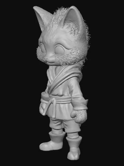 3D model for i need humanoid cat. wearing ninja outfit. make it in a cartoon style. but also that looks comic book anime or manga style. with fur. having el red belt. must show ears. and nose. and eyes. make sure the eyes are cat eyes in a green color.