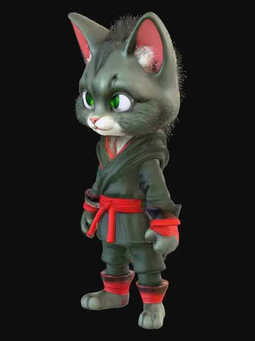3D model for i need humanoid cat. wearing ninja outfit. make it in a cartoon style. but also that looks comic book anime or manga style. with fur. having el red belt. must show ears. and nose. and eyes. make sure the eyes are cat eyes in a green color.