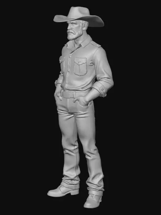 3D model for un vaquero. sin pistolas solo vestimenta vaquera. con sombrero en un estilo de figura de accion. playera a vaquera estilo mexicano. 
sombrero tejano. botas por dentro del pantalon. el pantalon en tallado que tape las botas. pero asu vez que lo hagan ver muy texano. las manos del vaquero dentro de sus bolsillos en una pose seria