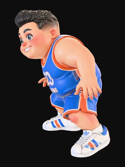 3D model for Toma como referencia la foto. Convierte a la persona en un personaje estilo anime . Vestido con Bermudas y Jersey de bascketball. Conserva el tamaño . con tenis addidas.