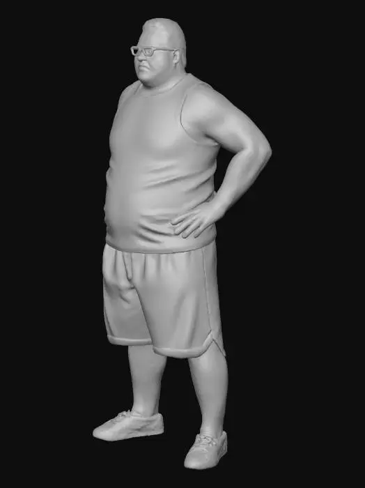 3D model for Toma como referencia la foto. Convierte a la persona en un personaje realista . Vestido con Bermudas y Jersey de bascketball. Conserva el tamaño pero cubre  todo el cuerpo  pero no los ojos