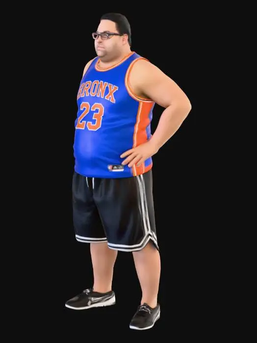 3D model for Toma como referencia la foto. Convierte a la persona en un personaje realista . Vestido con Bermudas y Jersey de bascketball. Conserva el tamaño pero cubre  todo el cuerpo  pero no los ojos
