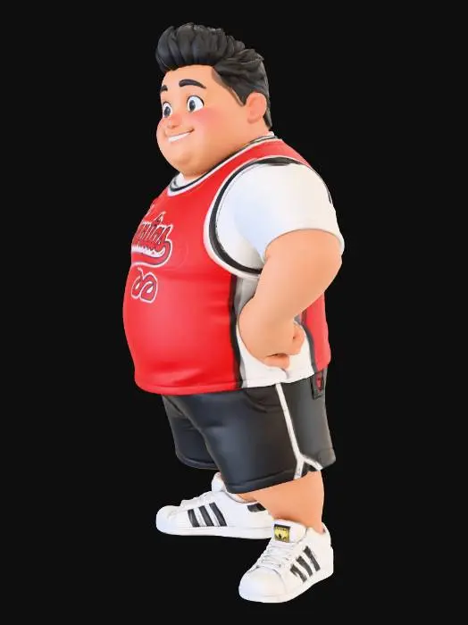3D model for Toma como referencia la foto. Convierte a la persona en un personaje estilo anime . Vestido con Bermudas y Jersey de bascketball. Conserva el tamaño . con tenis addidas.