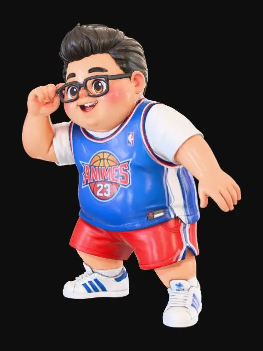 3D model for Toma como referencia la foto. Convierte a la persona en un personaje estilo anime . Vestido con Bermudas y Jersey de bascketball. Conserva el tamaño . con tenis addidas.