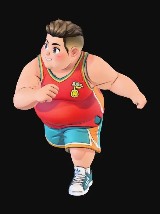 3D model for Toma como referencia la foto. Convierte a la persona en un personaje estilo anime . Vestido con Bermudas y Jersey de bascketball. Conserva el tamaño . con tenis addidas.