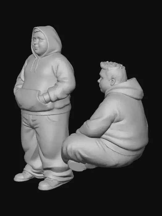 3D model for Toma como referencia la foto. Convierte a la persona en un personaje estilo anime .  con su hoodie puesta. y pantalones baggy largos que cubren sus botas . sin graficos en la ropa. quita los lentes de la cara. que los pantalones cubran las  botas. los jeans sean tan anchos que se tocan uno al otro dame diferentes poses. conservando el estilo gibli