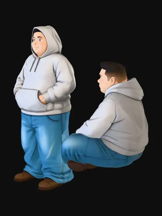 3D model for Toma como referencia la foto. Convierte a la persona en un personaje estilo anime .  con su hoodie puesta. y pantalones baggy largos que cubren sus botas . sin graficos en la ropa. quita los lentes de la cara. que los pantalones cubran las  botas. los jeans sean tan anchos que se tocan uno al otro dame diferentes poses. conservando el estilo gibli