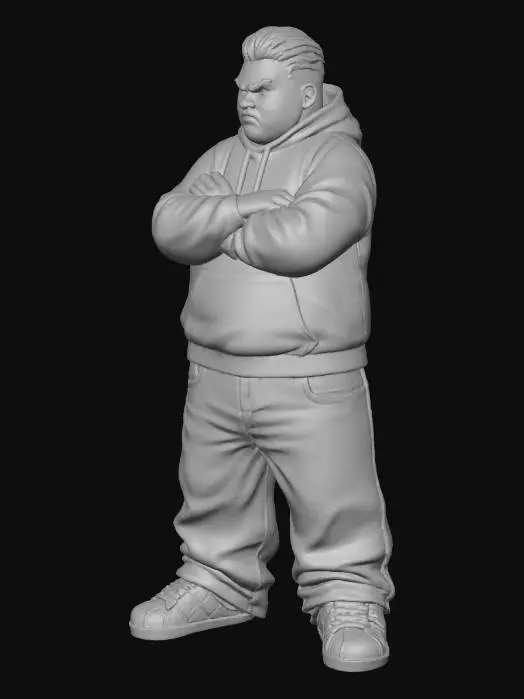 3D model for Toma como referencia la foto. Convierte a la persona en un personaje estilo anime . estilo cholo. con su hoodie . y pantalones largos que cubren sus tenis. Conserva el tamaño . con tenis addidas.   sin lentes. en pose de ganster
