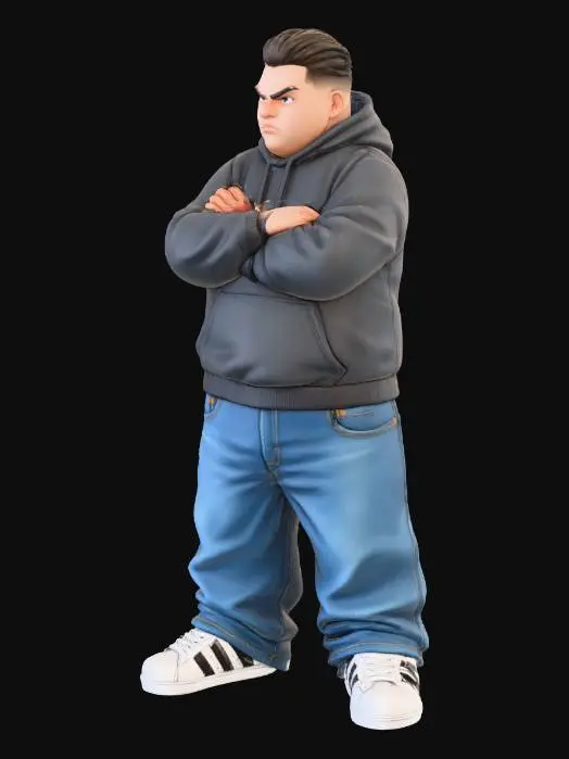 3D model for Toma como referencia la foto. Convierte a la persona en un personaje estilo anime . estilo cholo. con su hoodie . y pantalones largos que cubren sus tenis. Conserva el tamaño . con tenis addidas.   sin lentes. en pose de ganster