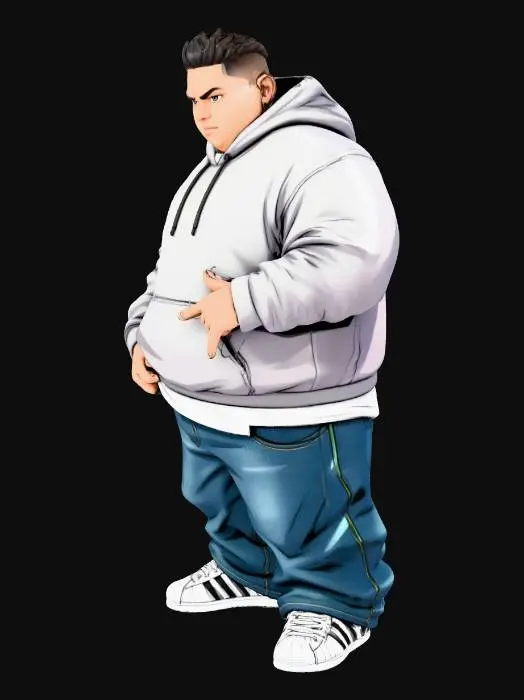 3D model for Toma como referencia la foto. Convierte a la persona en un personaje estilo anime . estilo cholo. con su hoodie . y pantalones largos que cubren sus tenis. Conserva el tamaño . con tenis addidas.   sin lentes. en pose de ganster