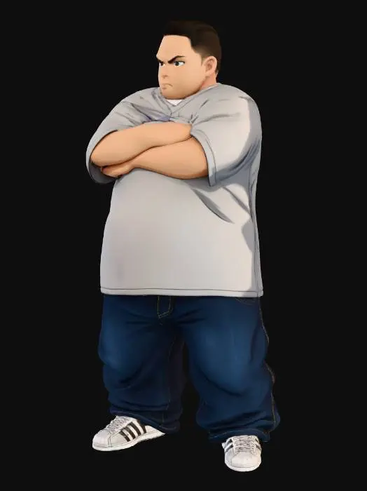 3D model for Toma como referencia la foto. Convierte a la persona en un personaje estilo anime . estilo cholo. con su jersy . y pantalones largos que cubren sus tenis. Conserva el tamaño . con tenis addidas.   sin lentes. en pose de ganster