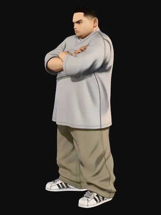 3D model for Toma como referencia la foto. Convierte a la persona en un personaje estilo anime . estilo cholo. con su jersy . y pantalones largos que cubren sus tenis. Conserva el tamaño . con tenis addidas.   sin lentes. en pose de ganster