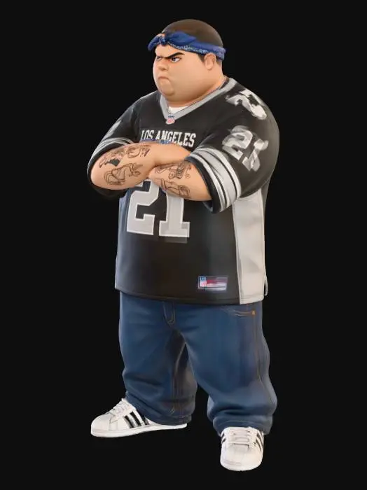 3D model for Toma como referencia la foto. Convierte a la persona en un personaje estilo anime . estilo cholo. con su jersy . y pantalones largos que cubren sus tenis. Conserva el tamaño . con tenis addidas.   sin lentes. en pose de ganster