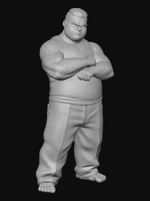 3D model for Toma como referencia la foto. Convierte a la persona en un personaje estilo anime . estilo cholo. con su tank top . y pantalones largos que cubren sus pies . Conserva el tamaño, sin lentes. en pose de ganster. descalzo