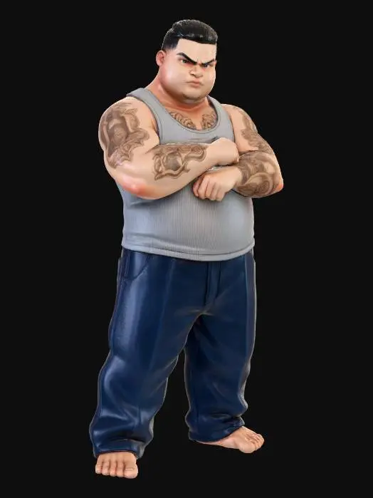 3D model for Toma como referencia la foto. Convierte a la persona en un personaje estilo anime . estilo cholo. con su tank top . y pantalones largos que cubren sus pies . Conserva el tamaño, sin lentes. en pose de ganster. descalzo