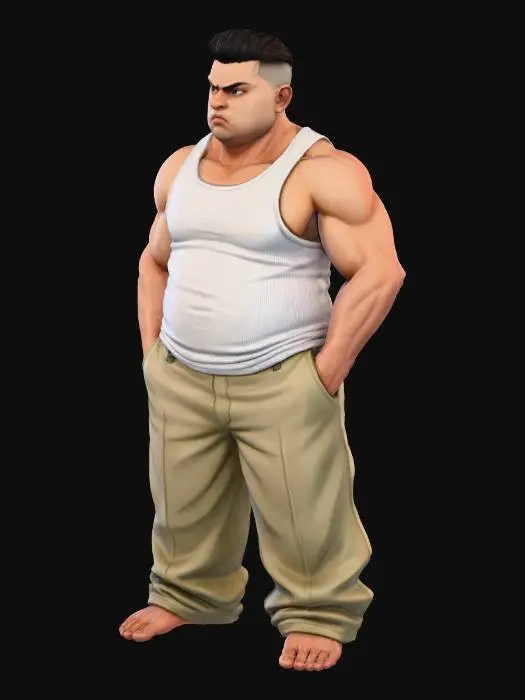3D model for Toma como referencia la foto. Convierte a la persona en un personaje estilo anime . estilo cholo. con su tank top . y pantalones largos que cubren sus pies . Conserva el tamaño, sin lentes. en pose de ganster. descalzo