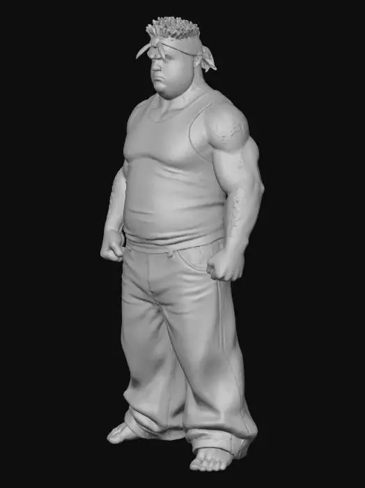 3D model for Toma como referencia la foto. Convierte a la persona en un personaje estilo anime . estilo cholo. con su tank top . y pantalones largos que cubren sus pies . Conserva el tamaño, sin lentes. en pose de ganster. descalzo